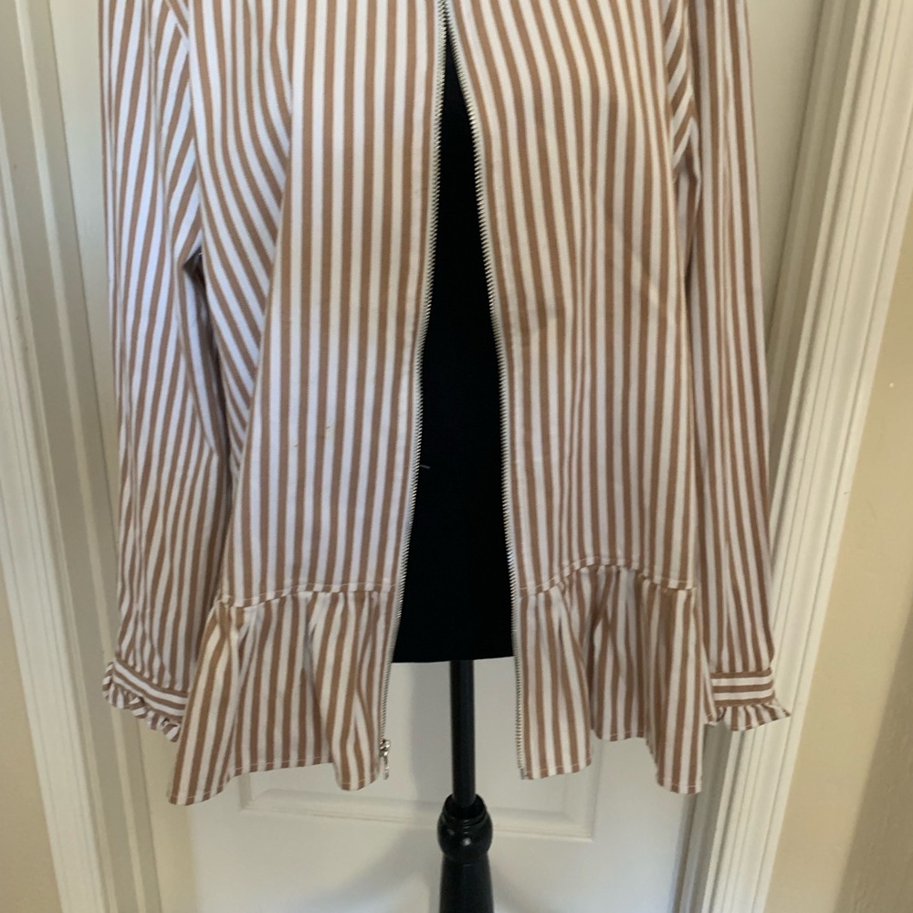 Denim&Co. Striped Brown and White Ruffle Peplum and Cuffs and Zips Up
